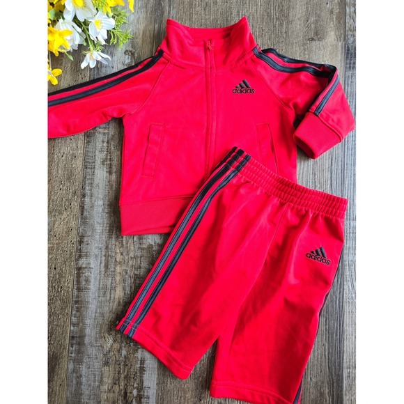 Adidas Toddler Tracksuit Red 6m Baby Track Jacket Shorts 2 Piece Set Athleisure - Picture 1 of 9